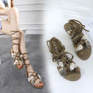 35-40 Fashion Tali Soft Material Casual Strappy Sandals Dinner Party Lace-up Pearl Tassel Flat Shoes for Women Office Wear Hot Sale Long Strappy Flat Sandals