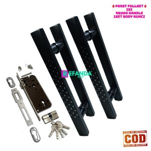paket fullset lock body kunci dan 4buah handle pintu rumah minimalis untuk pintu depan daun pintu 2 model kuku tarung/ gagang pintu pilihan panjang 33cm 45cmd an 60cm