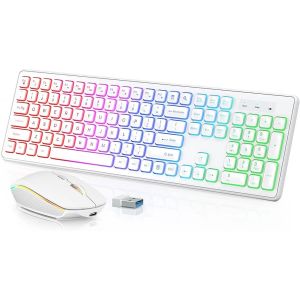 Backlit Wireless Keyboard and Mouse Quiet Light-Up Keys Tilt Legs Rechargeable USB Cordless Combo for Computer PC Laptop
