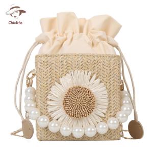 4TH Women Square Female Clutch Lightweight Breathable Straw Pearl Hobo Bag Fashion for Leisure Travel Vacation for Birthday Gift with Sun Flower Ornament