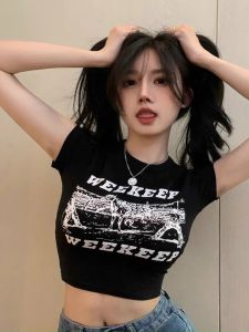 Áo Thun Croptop Ôm Body Nữ Cổ Tròn Tay Ngắn Họa Tiết In Chữ WEEKEEP Rất Cá Tính A5309