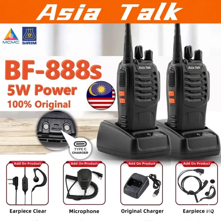 SIRIM Approve Asia Talk BF-888s 5W Power Walkie Talkies 100% Original with Earpiece Clear Microphone Original Charger Earpiece HQ baofeng 888s walkie talkie