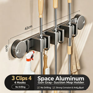 [SG Stock] Suction Cup Mop Holder with Hook Wall Mounted No Drill Broom Storage Rack Hanging Hooks