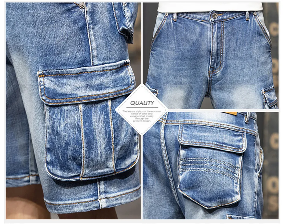 Summer Men's Fashion Pocket Baggy Jeans Shorts Loose Straight