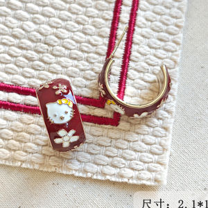 Fashionable Ring Gift 复古气质红色珐琅滴釉KT猫花朵耳环女秋冬氛围感百搭可爱猫咪耳饰
