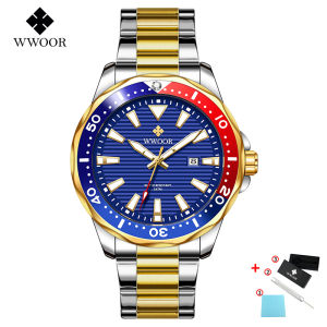 WWOOR New Luxury Gold Full Steel Watch Men Sports Diver Quartz Wrist Watches Luminous Waterproof Military Watch