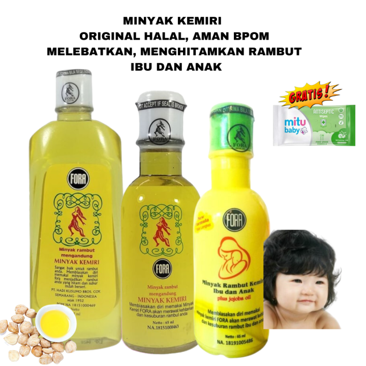 Fora minyak Rambut bayi biar lebat , minyak kemiri penumbuh rambut  cepat ibu dan anak  original, halal, Aman BPOM gratis Tissue basah mitu baby