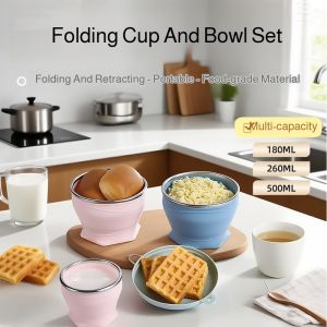 Silicone Folding Cup and Bowl 3-Piece Set Picnic Dinnerware Set Portable for Travel Camping and Outdoor Use Food-Grade Silicone Telescopic Bowl