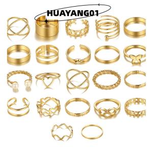 HUAYANG01 [HOT FASHION] ชุดแหวนผีเสื้อหัวใจกลวงแนววินเทจ22ชิ้นสำหรับผู้หญิงเครื่องประดับโลหะสีเงินรูปทรงเกลียวเรขาคณิต