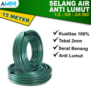 AMINI Selang Air 10 Meter dan 15 Meter 1/2 5/8 3/4 1 Inch Selang Hijau Selang Air Benang Anti Lumut Elastis Selang Air Cuci Motor Cuci Mobil Siram Tanaman Selang Kebun