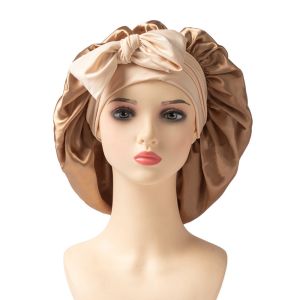 NALANILI Satin Material Sleeping Bonnet Solid Color Adjustable Strap Night Sleep Cap Gentle Wide Brim Design Protective Hair Bonnet For Sleeping