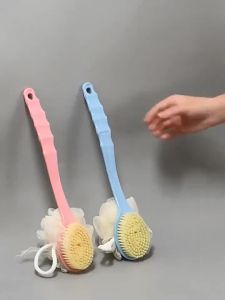 Korean style double-sided bath scrub brush with flower ball on the back long handle for mud and soft fur scrubbing large scrubbing tool