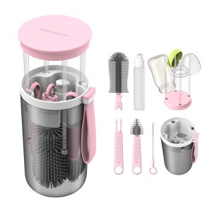 Travel Baby Bottle Brush Set with Extendable Liquid Silicone Bottle Brush Nipple Brush Built-in Bottle Drying Rack Straw Cleaner Brush Baby Bottle Soap Dispenser Bottle Warmer – Complete Portable Cleaning Kit for Newborn