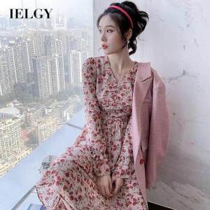 IELGY Womens dress v-neck loose high waist versatile simple fashionable floral casual dress