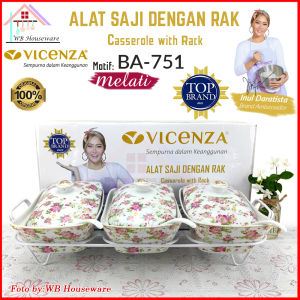 VICENZA wadah saji set isi 3 + rak motif Magnolia/ pemanas makanan / casserole food warmer keramik B-751