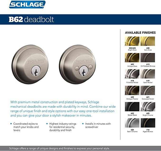 Schlage%20Double%20Cylinder%20Deadbolt%20-%20Satin%20Chrome%20Model:%20B62N%20626%20Made%20in%20Mexico%20-%20Image%204