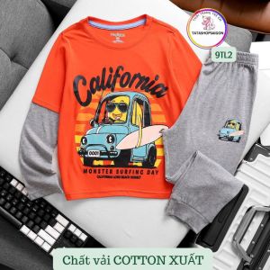 11 đến 40kg Bộ dài tay bé trai size đại hoạt hình xe khủng long thun cotton mềm mát 9T