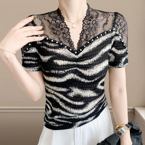 Yimei Áo thun lưới cổ áo ren BV phối cảnh ngắn tay lưới mới áo áo sọc mỏng Áo sơ mi mặc trong hợp thời trang Thiết kế thời trang và thanh lịch cho nữ