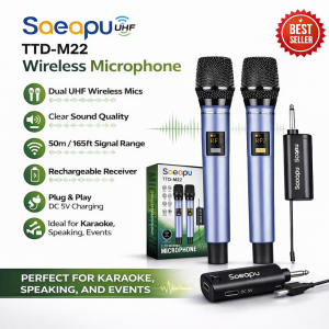 Saepu TTD-M22 Wireless Microphone with Dual UHF Wireless Mics Clear Sound Quality 50m Signal Range Rechargeable Receiver Plug and Play DC 5V Charging Ideal for Karaoke Speaking Events