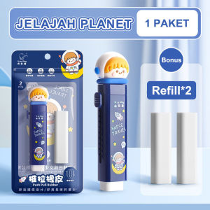 Penghapus Mekanik Berbentuk Pensil Set Isi 2 Refill Terbaru Fullcolor Erasher Pen Karakter Kartun Lucu Set Alat Tulis Sekolah Anak