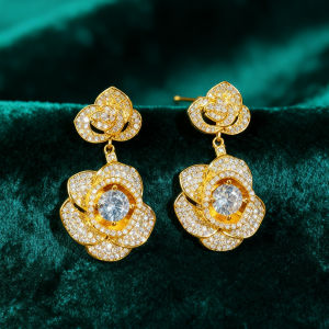 SEQUITO High Quality Women Ear Jewelry Gold Color Pave Setting White AAAAA Zirconia Flower Long Drop Earrings SE1012