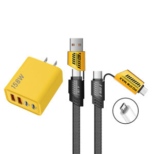 65W Mechanical 4 in 1 Fast Charging Data Cable with QC3.0 PD 158W 2 USB 4 Ports Portable Adapter Wall Charger Combo