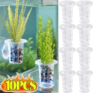 YESMILE 10Pcs Plastic Plant Hydroponic Pot with Suction Base Transparent Aquarium Planting Cups Durable Water Grass Growth Pots for Freshwater Fish Tank Decoration
