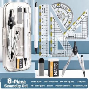 CHUAN 8Pcs Bộ thước đo góc và thước tam giác Bộ compa hình học Dụng cụ vẽ hình học loại Compass vẽ kỹ thuật Di động Công cụ vẽ Bộ dụng cụ compa dành cho học sinh Quà tặng