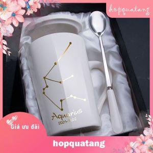 Ly cốc sứ có nắp 12 cung hoàng đạo màu đen và trắng 420 ml