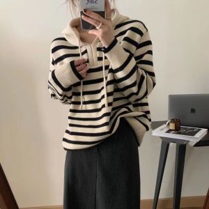 Shipped from China [BIN] Autumn Winter New Age-Reducing Gentle Korean Style Simple Striped Hooded Knitted Sweater for Women Korean Version Slimming Versatile Age-Reducing Sweater
