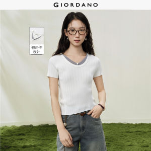 Giordano Women Layered color block U-neck short sleeve jersey top - High Quality Free Shipping 18356105