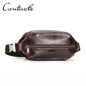 CONTACTS Genuine Leather Men Waist Bags Vintage Chest Bag Fanny Bags Croosbody Bags Men Travel Waist Packs for 8.3" iPad Mini