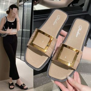 Ielgy dép khóa vuông Mới Dép xỏ ngón đế bằng thời trang học sinh mùa hè mềm mại chống trượt cho nữ