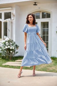 G72025 European and American Cross-Border Womens Fashion hot Square Neck Backless Puff Sleeve Ruched Short Sleeve Dress 7/7