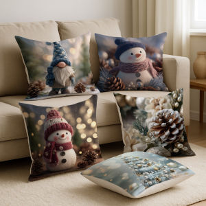 Christmas Pillowcase Single Pack 25 Styles Available 40x40/45x45/50x50cm with Knitted Elf Warm Series Hooded Snowman Golden Sleigh Colorful Christmas Tree Fireplace Christmas Stockings Gingerbread House etc Warm Patterns Sofa Cushion Cover