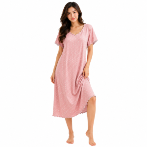QMissLin QML-0069 Polka Dot Scallop Comfort Dress Womens Milk Silk Lounge Dress Soft Breathable Homewear Sleepwear Nightgown