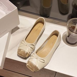Womens Ballet Style Flat Bow Shoes Leather Square Toe