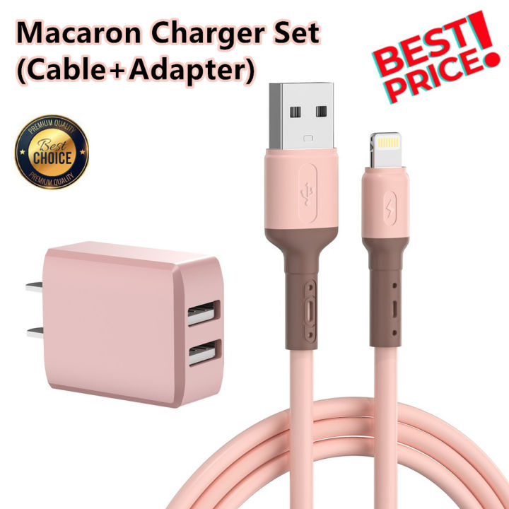 Macaron Fast Charger Adapter with Cable Set 5V2A USB Universal Colorful  Dual-port Charger Set for iPhone/Android/Type C US Plug Wall Charger with 