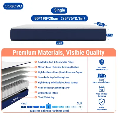 COSOVA 8 Inch Memory Foam Spring Mattress Ergonomic Mattress Medium Firm Foam Bed 10 Years Warranty
