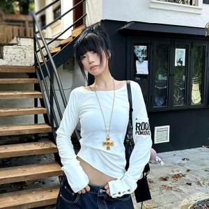 Tonngirls American Retro Print T-shirt Women Long Sleece Button Graphic Tops Y2k Tops 2000s Japanese Grunge Tops E-girls Autumn2026