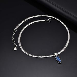 Simple Geometric Square Pendant Stainless Steel Necklace for Men Blue Zirconia Trendy  Chain Jewelry  Silver Chain Necklace With Rectangular Blue Pendant.