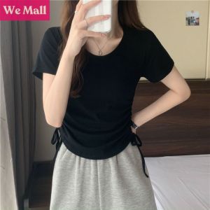 Round Neck Drawstring Slim-Fit Short-Sleeve T-Shirt for Women T332