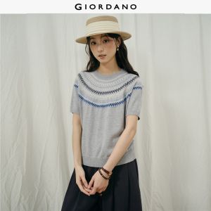 Giordano Women Contrast jacquard short raglan sleeve knitwear Free Shipping 18356814