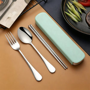 Food Grade 3 in 1 Korean Style Portable Stainless Steel Cutlery Set Chopsticks Spoon Fork with Case