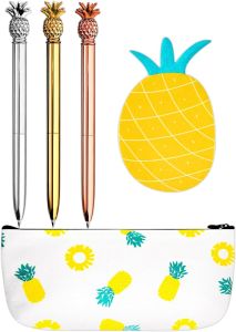JeVenis Pineapple Pens Ballpoint Pens with Pineapple Pencil Pouch Bags Ins Style Pineapple Notes Stickers for Office Set