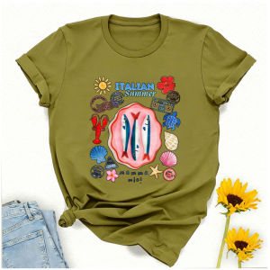 [Local Stock] HBESTY  Italian Summer Crew Neck Short Sleeve Cotton T Shirt Ocean Beach Fish Lobster Seashells Turtle Sun Flowers Text Print Casual Top
