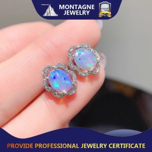 Montagne Jewelry Natural 6x8mm Opal Earrings 925 Silver Crystal Inset Fine Jewellery Earrings Stud Earring
