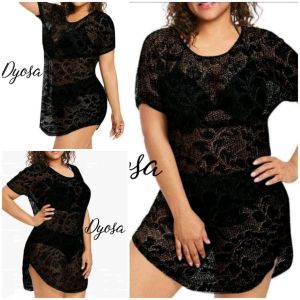 Lace cover up dress round lettuce neck line summer cover up Large-3xl (Lace)