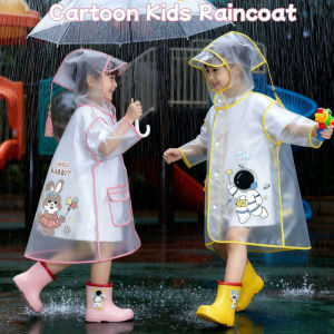 Kids Raincoat EVA Transparent Waterproof Reusable Cute Cartoon Widen Brim Poncho Style Rain Suit