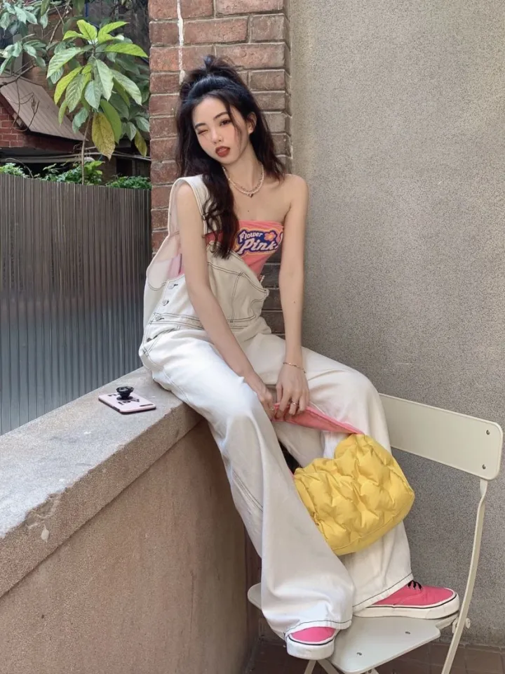 TOFASHIONS White Jumpsuit Women Pants Loose Korean Style Women Jumpsuit  Denim Overalls Women Fashion Trousers Cropped Pants Oversized Suspender